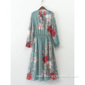 Chiffon Floral Flower Print Vertical Long Sleeve Dress